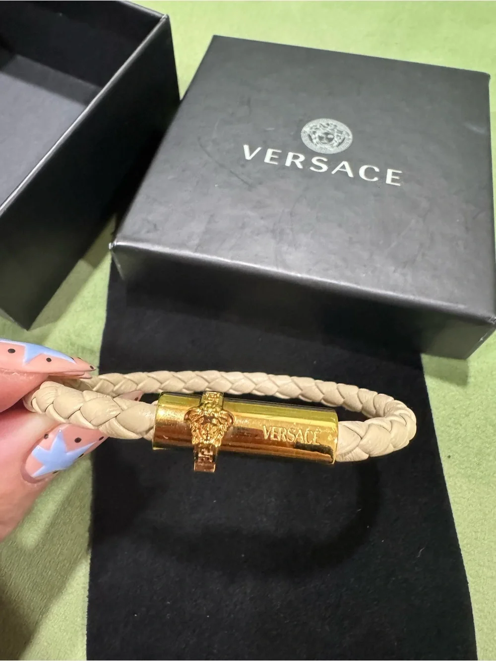 Versace Beige Medusa Braided Leather Gold Bracelet